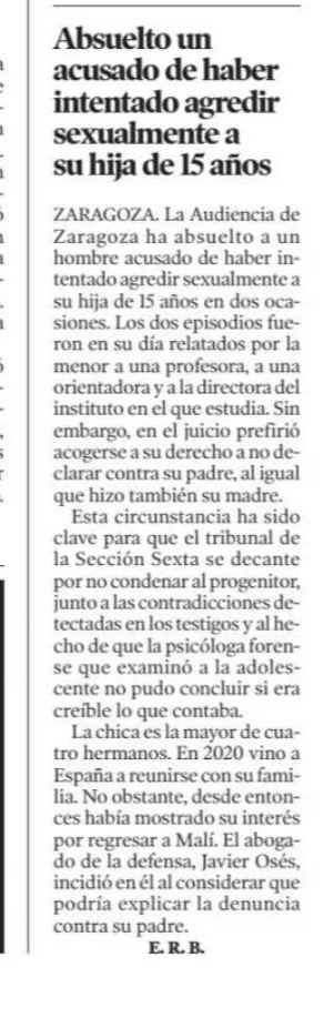 Recorte de prensa: Absuelto un acusado de haber intentado agredir sexualmente a su hija de 15 años.