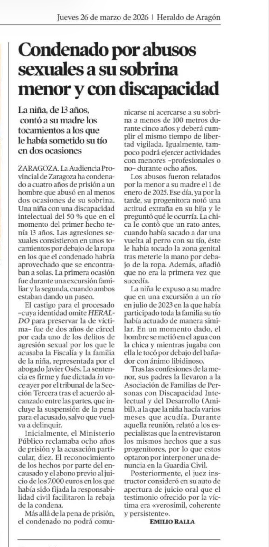 Recorte de prensa: Condenado por abusos sexuales a su sobrina menor y con discapacidad.